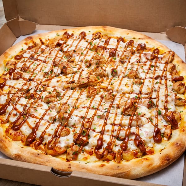 BBQ chicken pizza with melted cheese, chicken pieces, and a drizzle of BBQ sauce in a box.