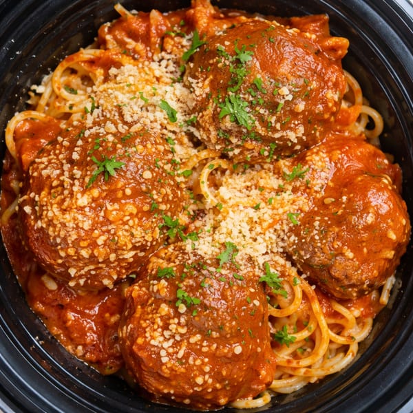 Spaghetti and meatballs in a black bowl, topped with red sauce, parmesan, and parsley.