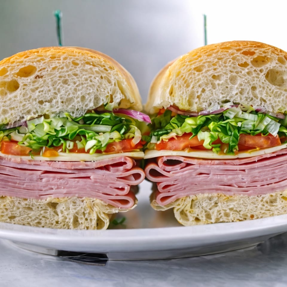 A large deli sandwich, cut in half, revealing layers of ham, cheese, lettuce, and tomato.