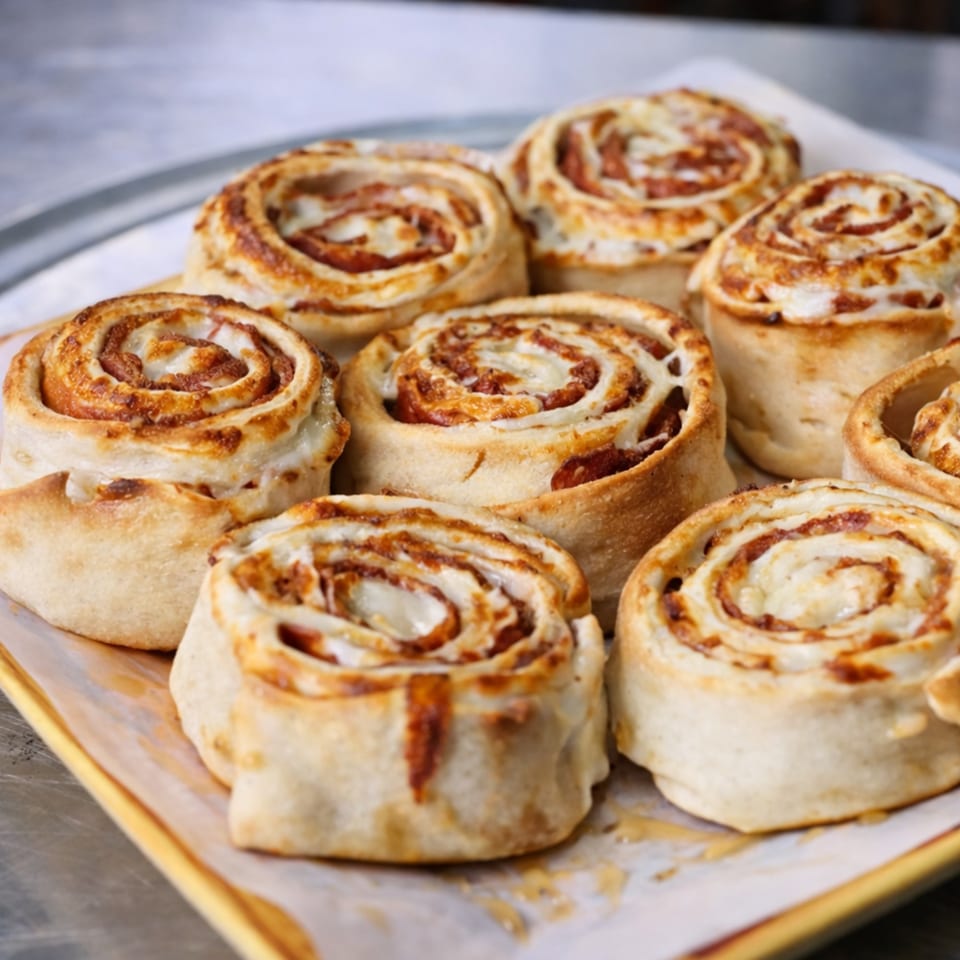 A tray of golden-brown pizza rolls, filled with cheese and pepperoni, on parchment paper.