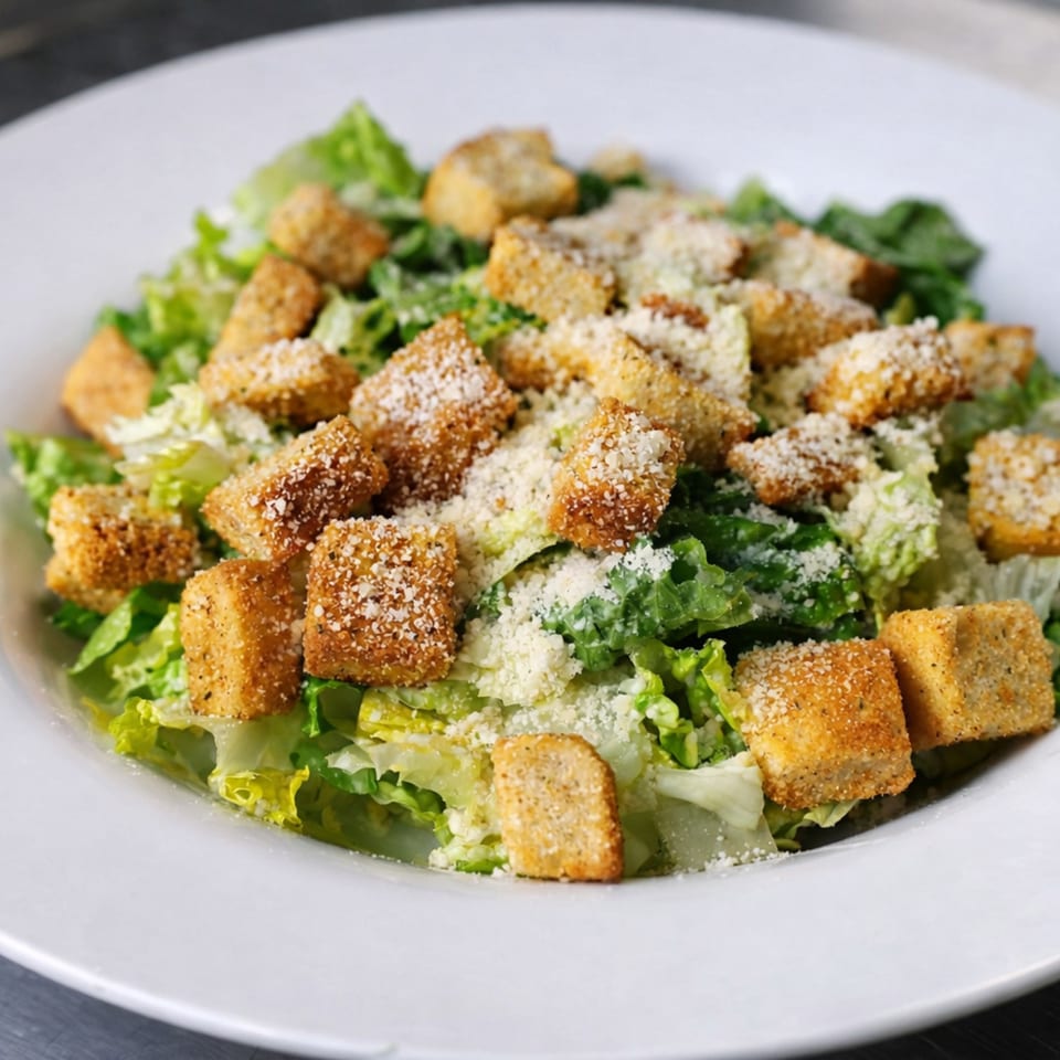 A fresh Caesar salad with crisp romaine lettuce, crunchy croutons, and grated Parmesan cheese.
