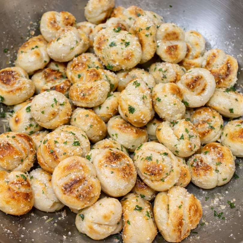 A large metal bowl filled with golden-brown garlic knots, sprinkled with parmesan cheese and parsley.